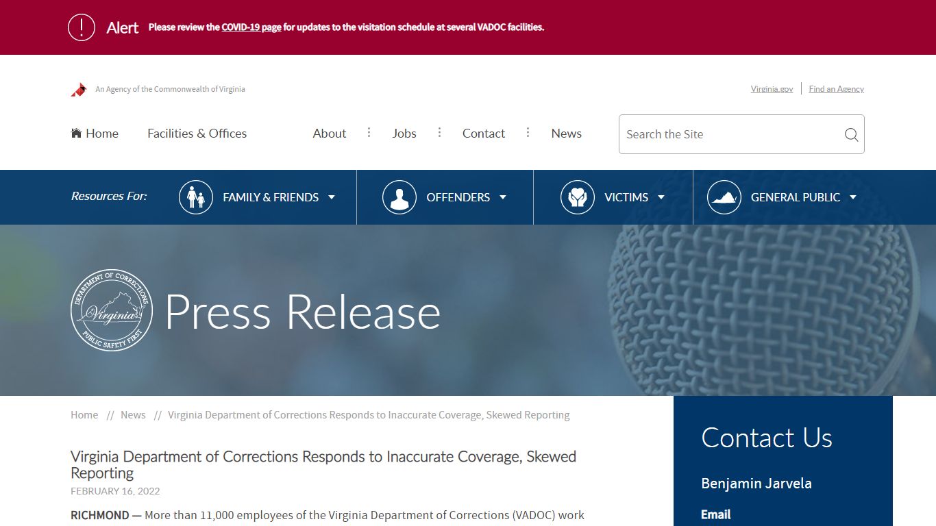 Virginia Department of Corrections Responds to Inaccurate Coverage ...